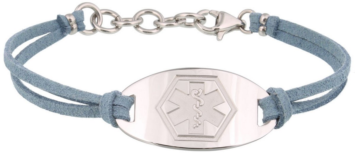 A medical ID bracelet made from silver and suede material